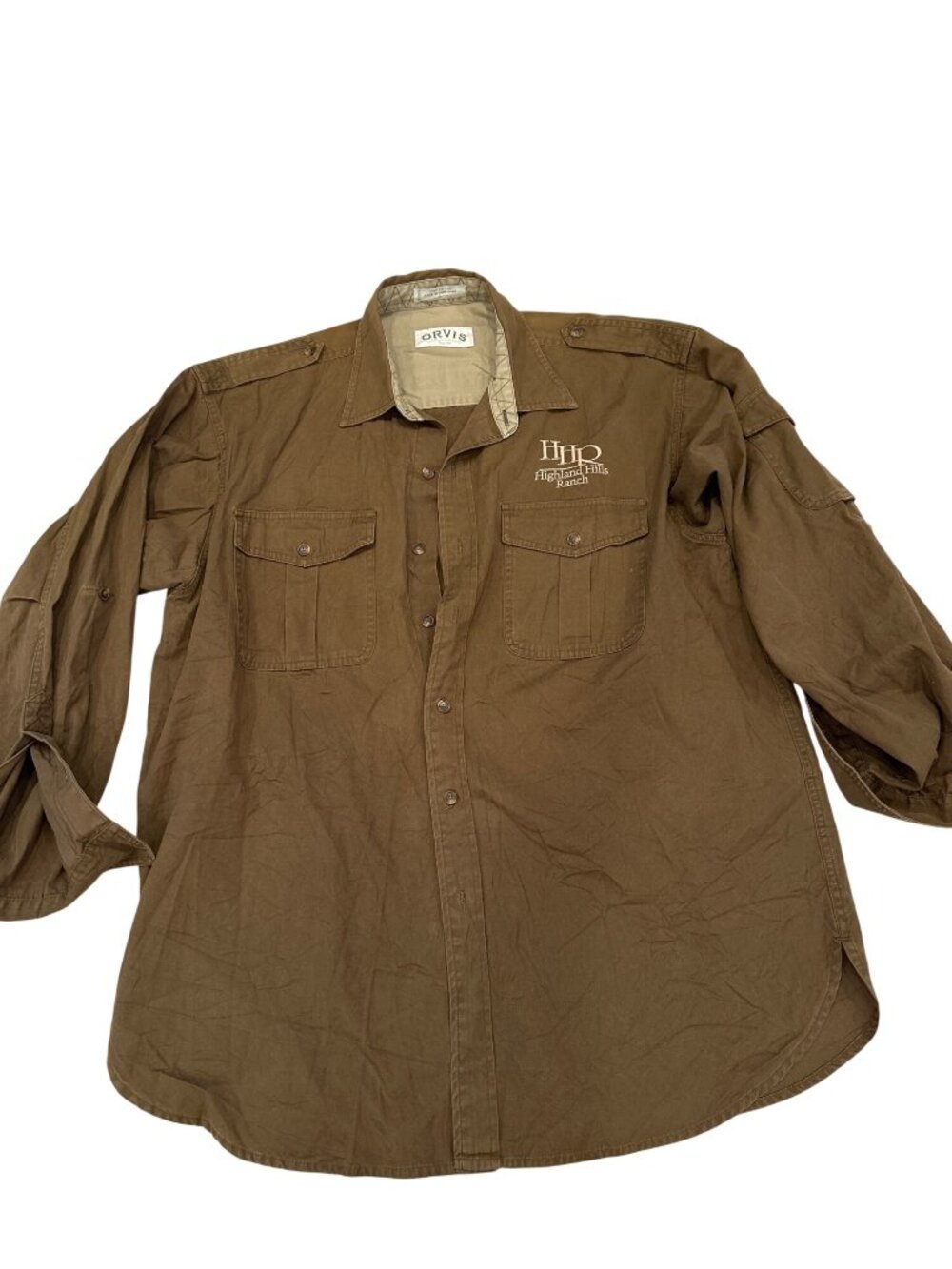 Orvis Men's Olive ranch chore Shirt Highland Hills /3 Pockets oversized LG